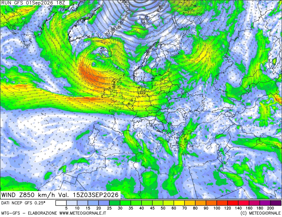 mappa 850 hPa Vento forza e direzione