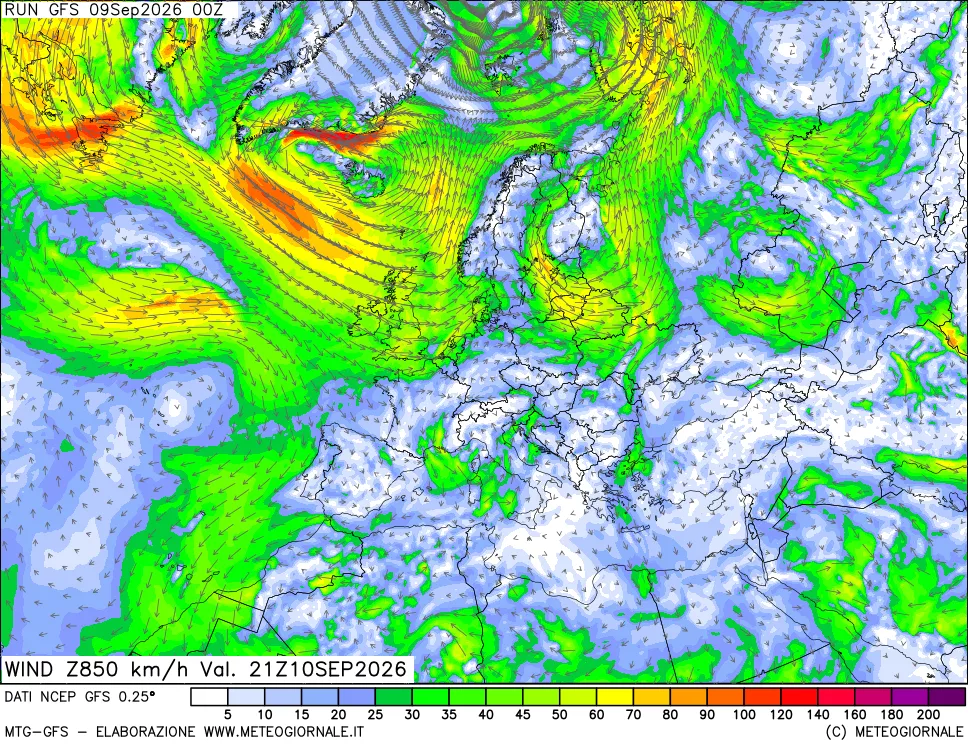 mappa 850 hPa Vento forza e direzione