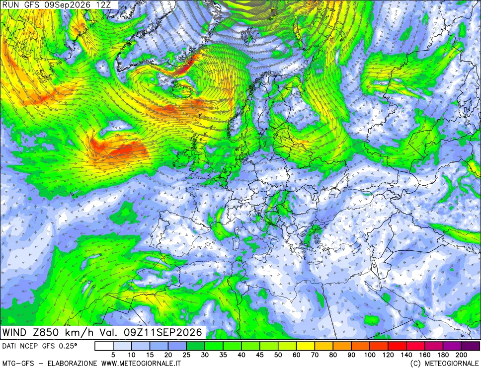 mappa 850 hPa Vento forza e direzione