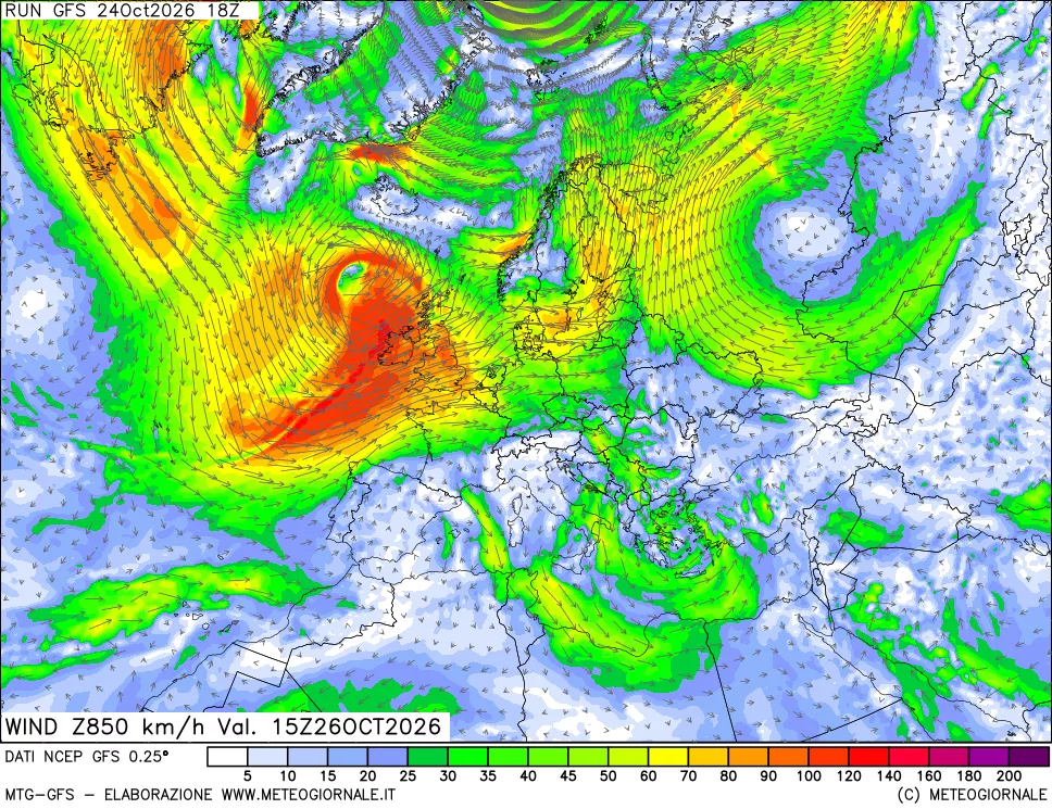 mappa 850 hPa Vento forza e direzione