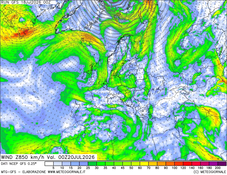 mappa 850 hPa Vento forza e direzione