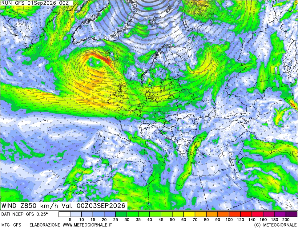 mappa 850 hPa Vento forza e direzione