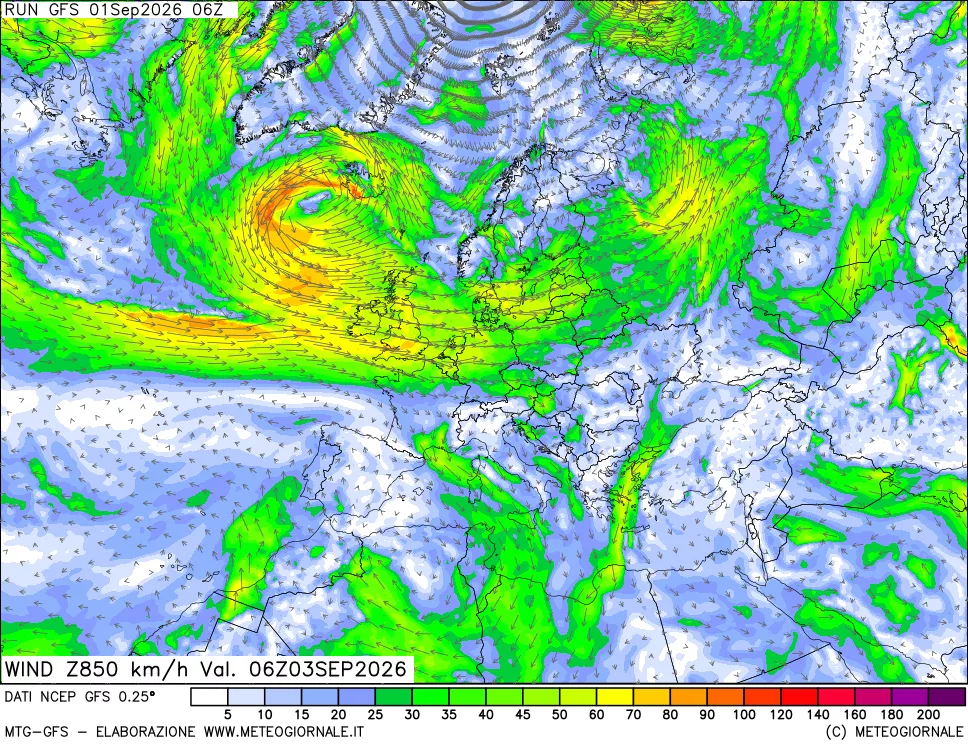 mappa 850 hPa Vento forza e direzione