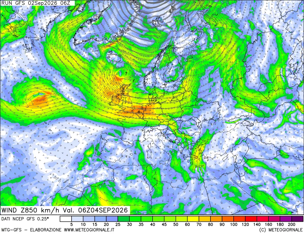 mappa 850 hPa Vento forza e direzione