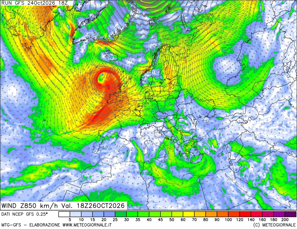 mappa 850 hPa Vento forza e direzione