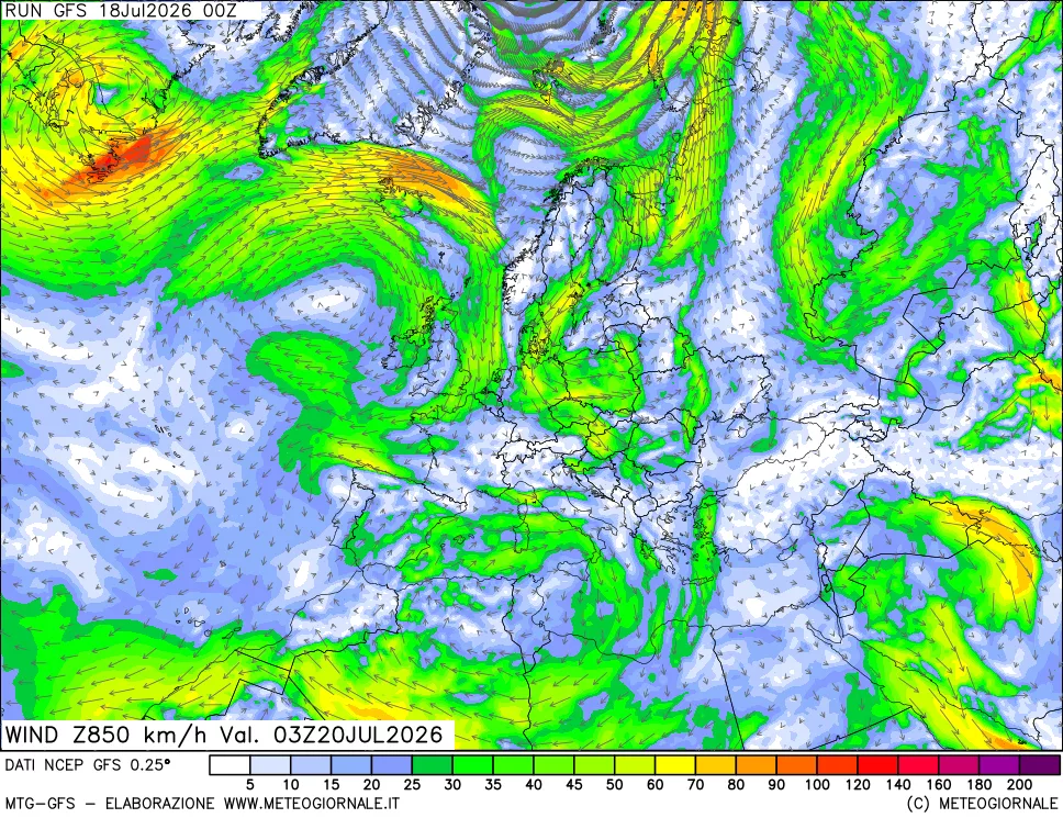 mappa 850 hPa Vento forza e direzione