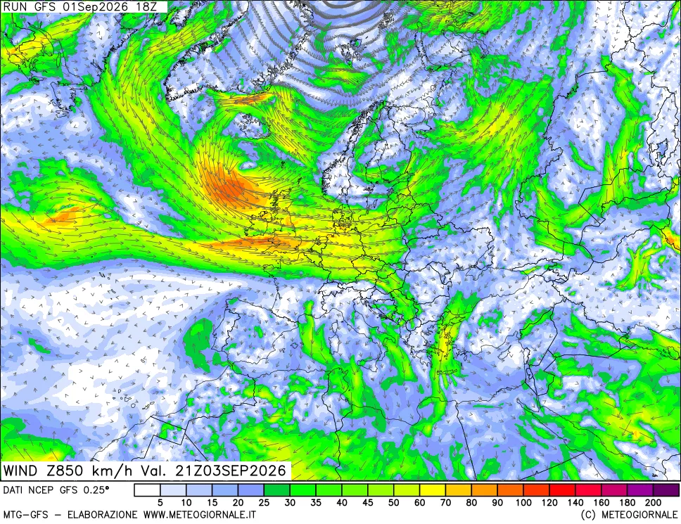 mappa 850 hPa Vento forza e direzione