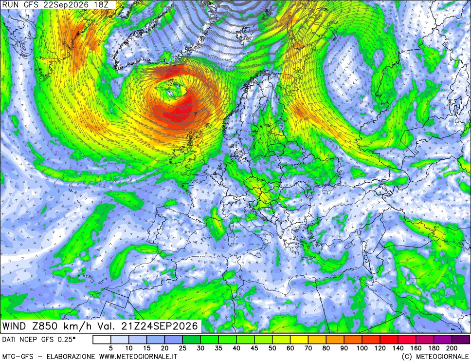 mappa 850 hPa Vento forza e direzione