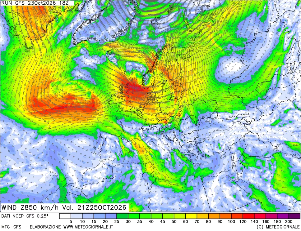 mappa 850 hPa Vento forza e direzione