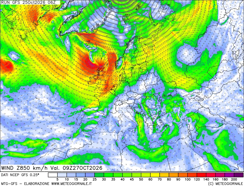 mappa 850 hPa Vento forza e direzione