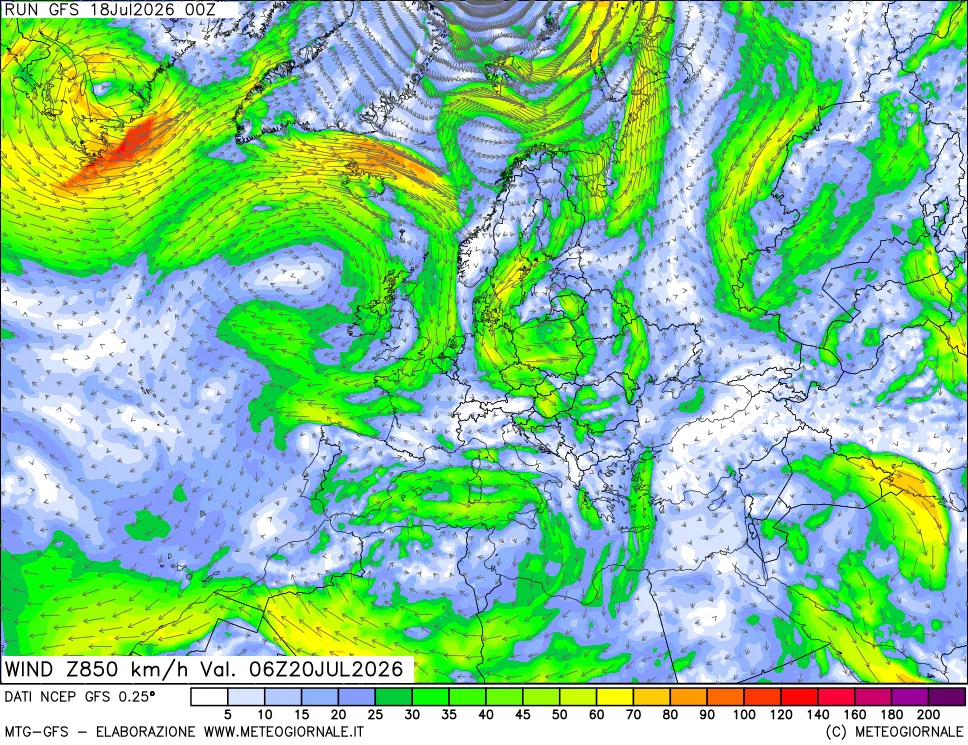 mappa 850 hPa Vento forza e direzione