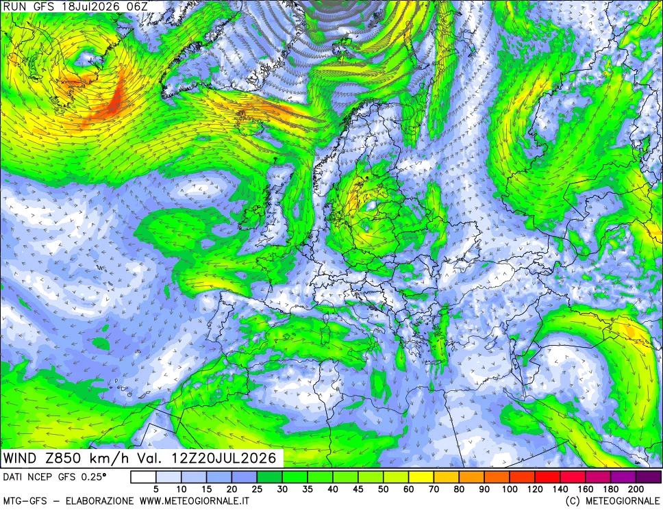 mappa 850 hPa Vento forza e direzione