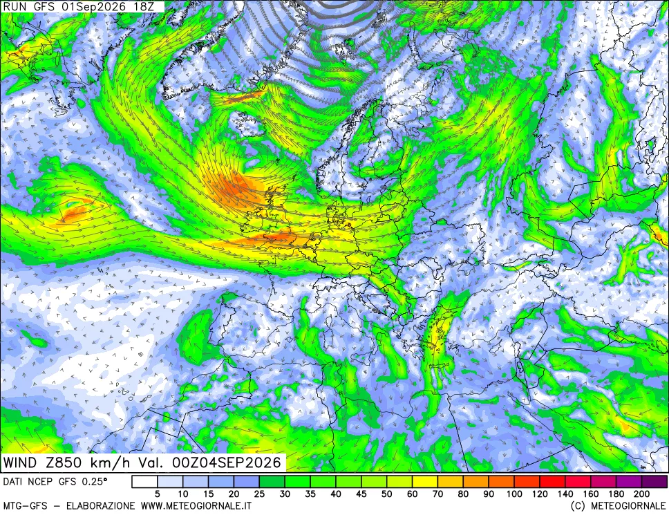 mappa 850 hPa Vento forza e direzione
