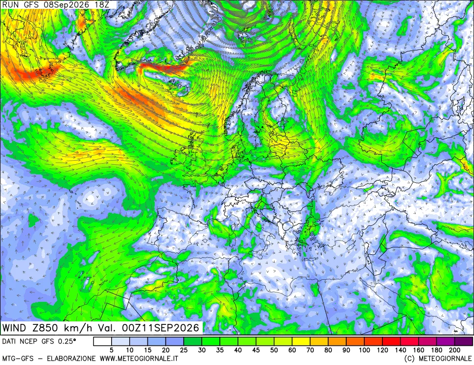 mappa 850 hPa Vento forza e direzione