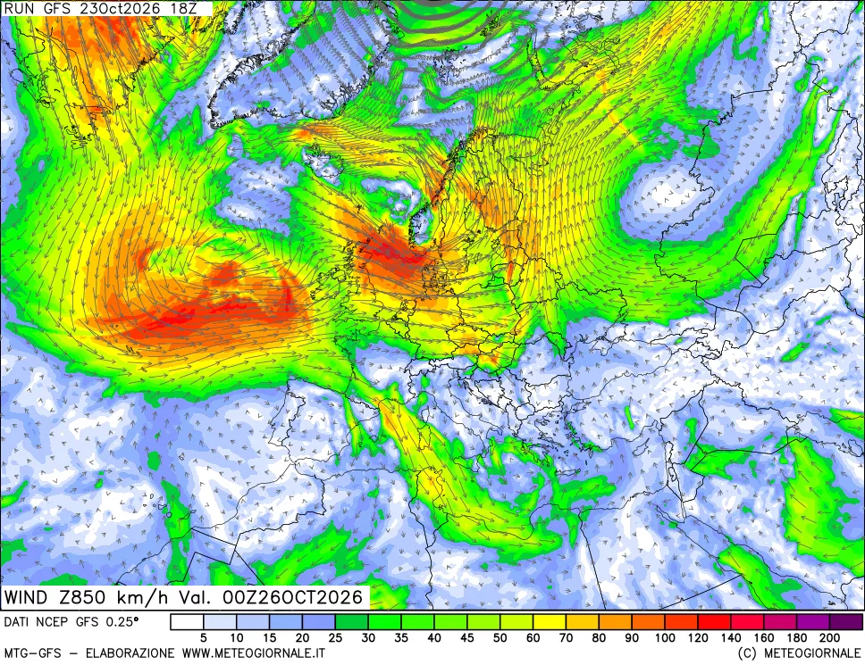 mappa 850 hPa Vento forza e direzione