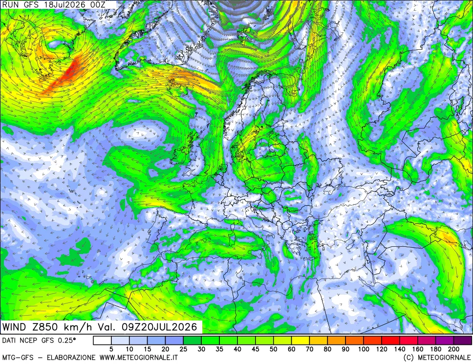 mappa 850 hPa Vento forza e direzione