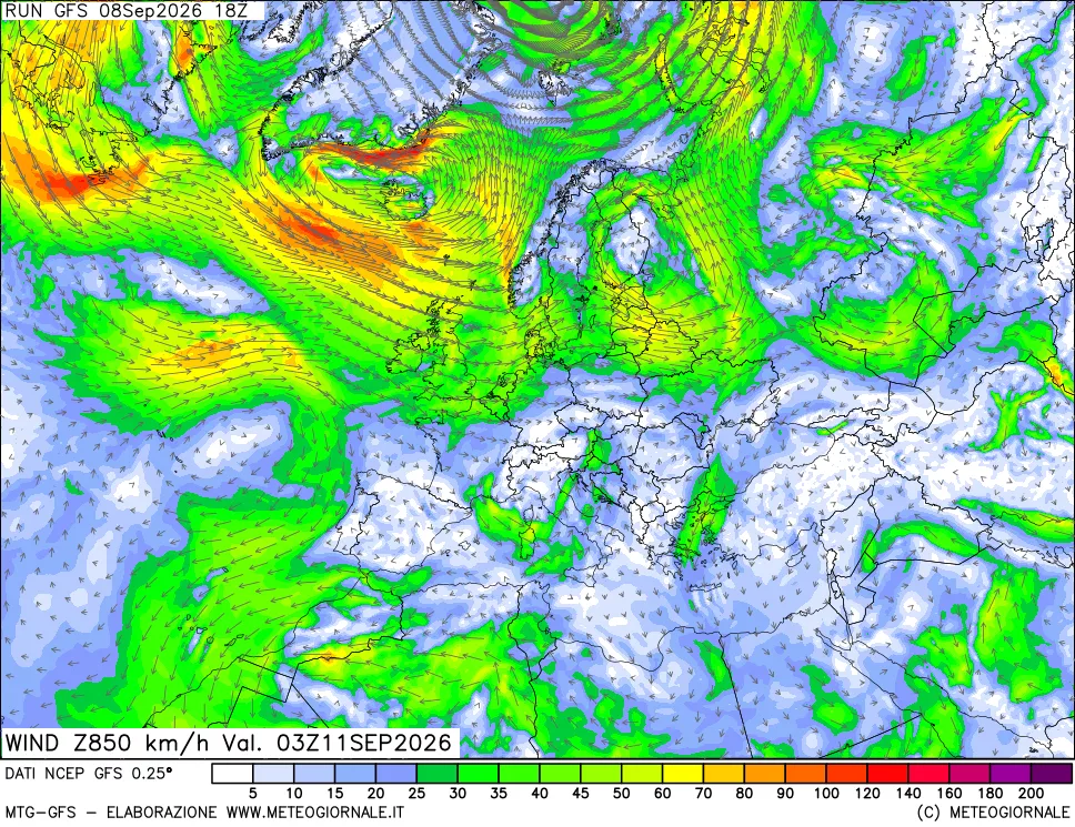mappa 850 hPa Vento forza e direzione