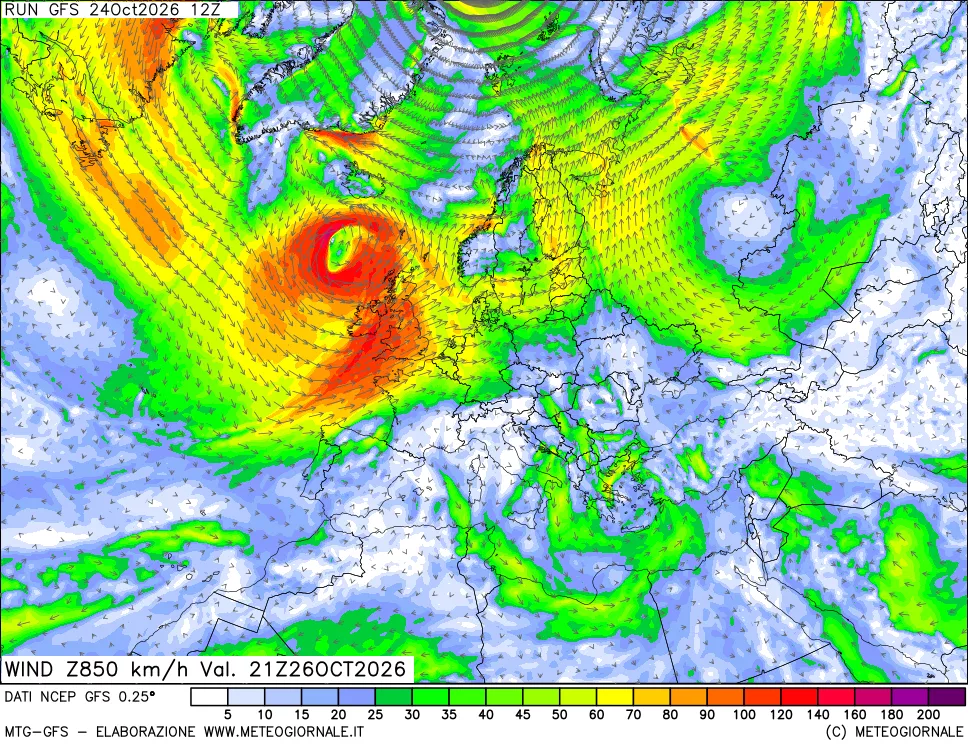 mappa 850 hPa Vento forza e direzione