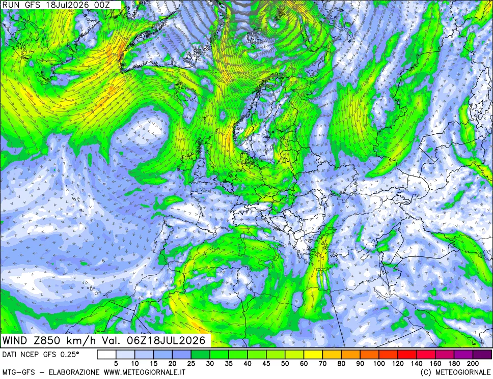 mappa 850 hPa Vento forza e direzione