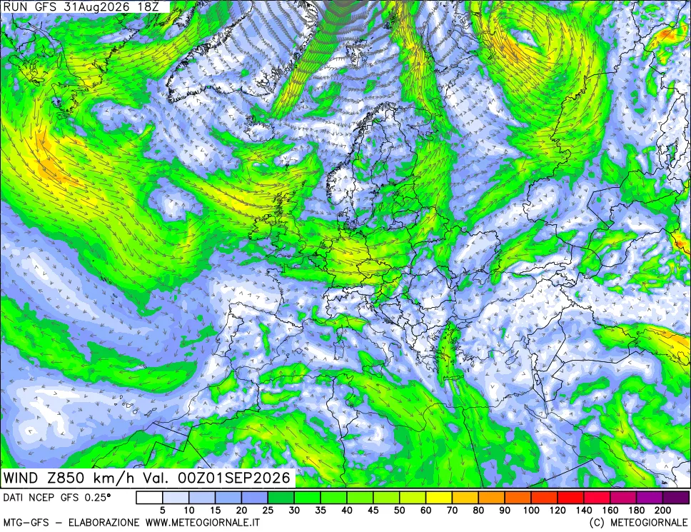 mappa 850 hPa Vento forza e direzione
