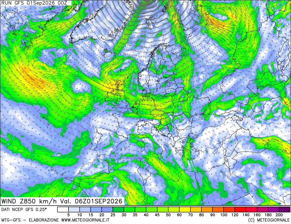 mappa 850 hPa Vento forza e direzione