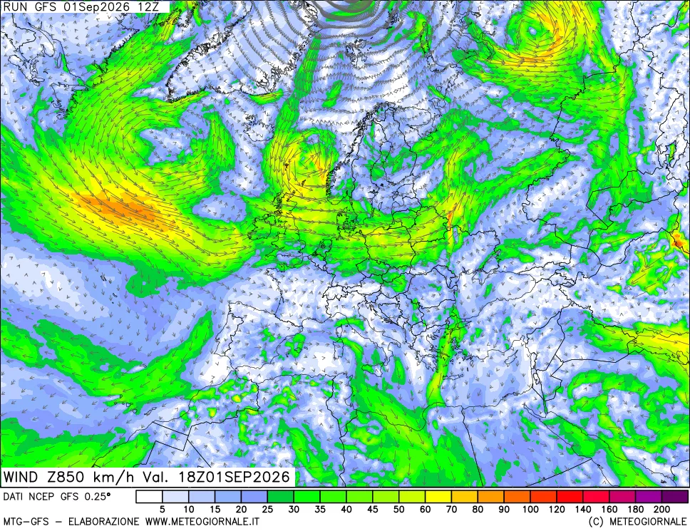 mappa 850 hPa Vento forza e direzione