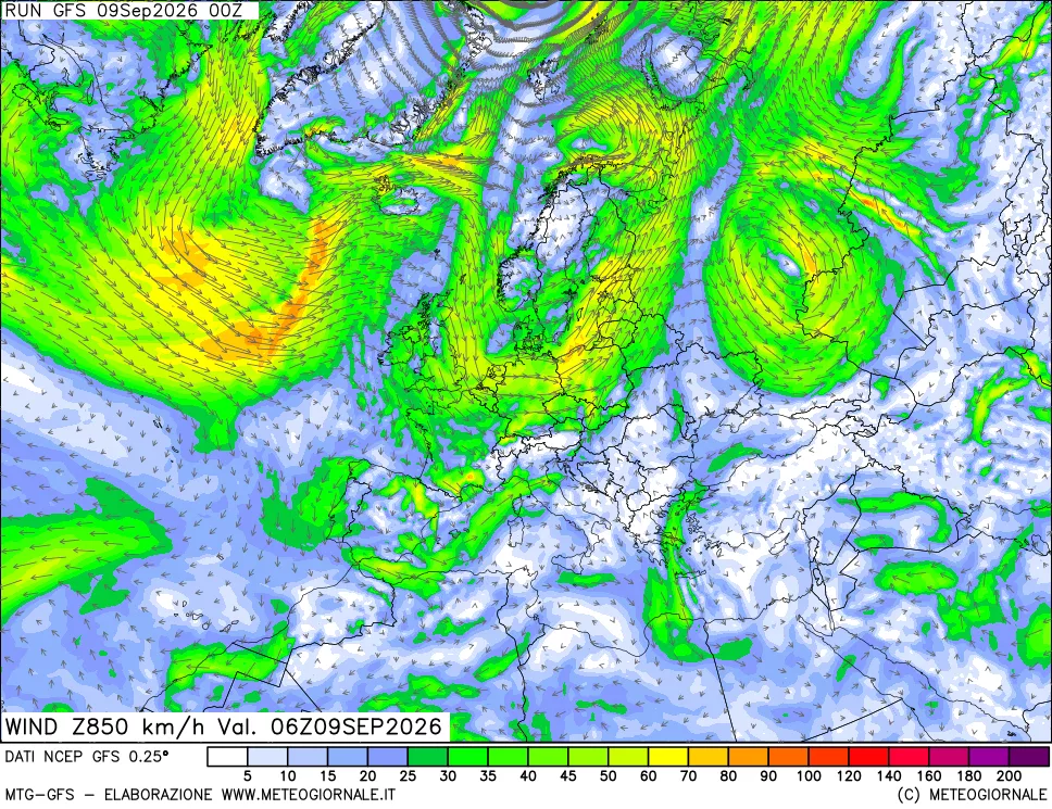 mappa 850 hPa Vento forza e direzione