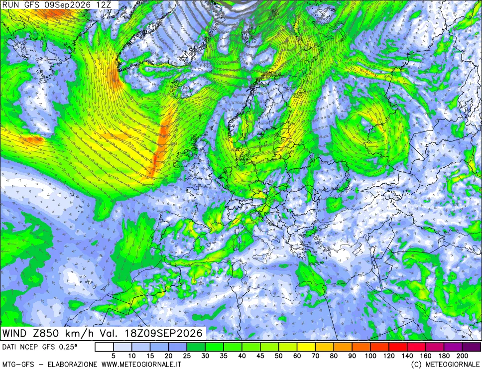 mappa 850 hPa Vento forza e direzione