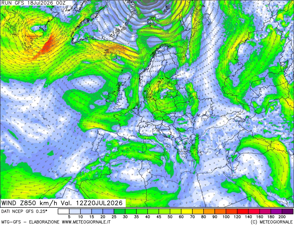 mappa 850 hPa Vento forza e direzione