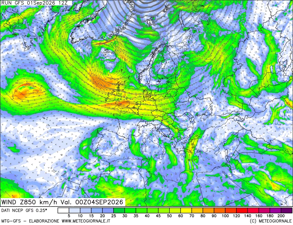 mappa 850 hPa Vento forza e direzione