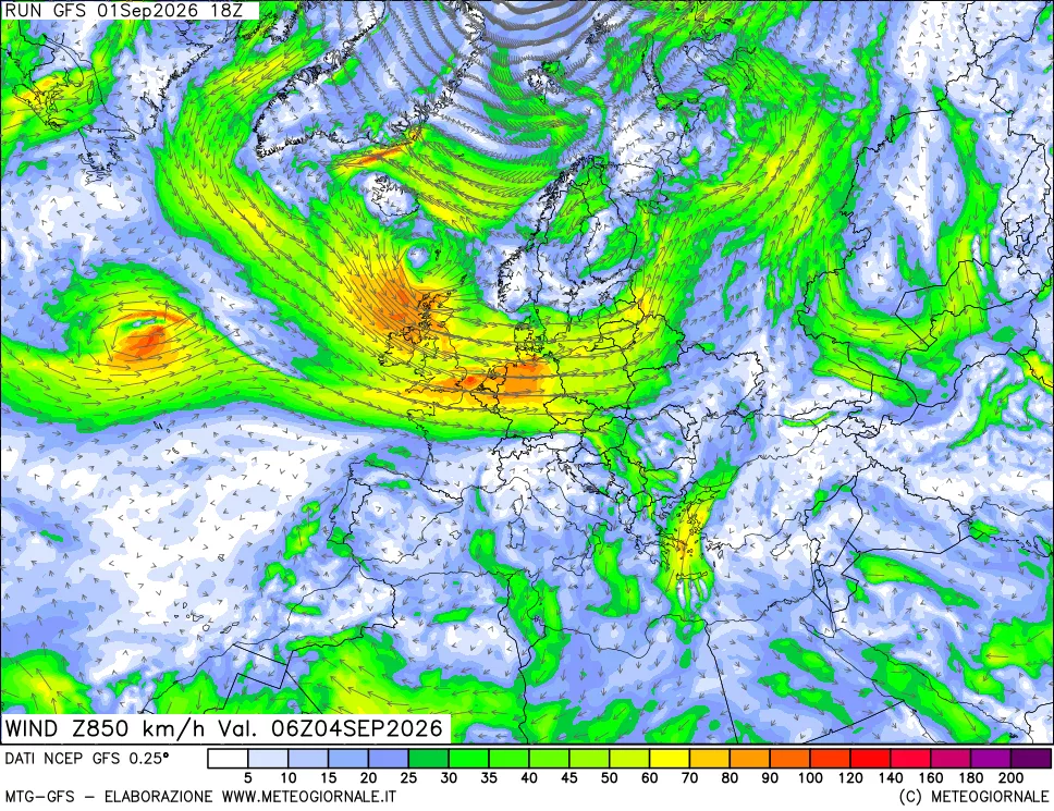 mappa 850 hPa Vento forza e direzione