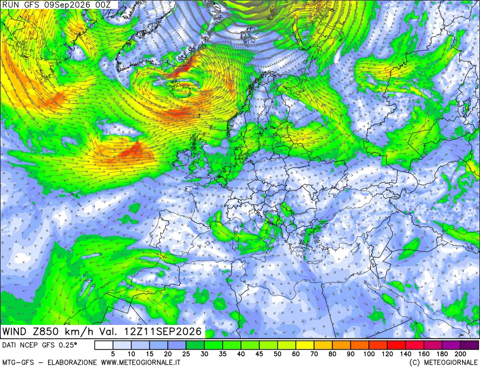mappa 850 hPa Vento forza e direzione