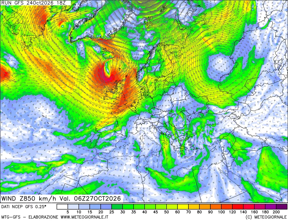 mappa 850 hPa Vento forza e direzione
