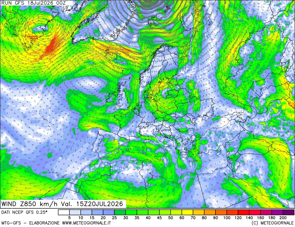 mappa 850 hPa Vento forza e direzione