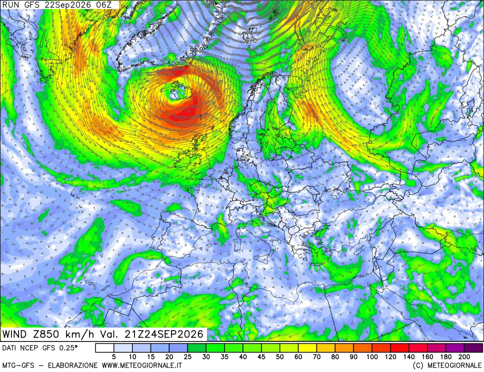 mappa 850 hPa Vento forza e direzione