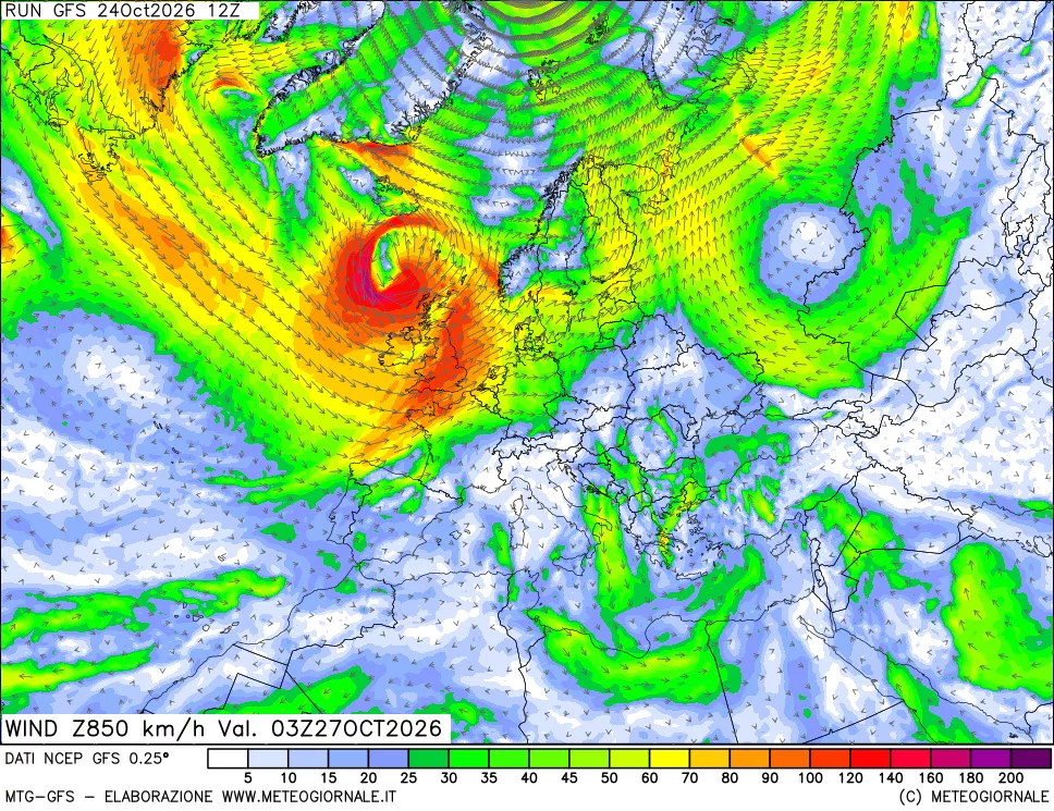 mappa 850 hPa Vento forza e direzione