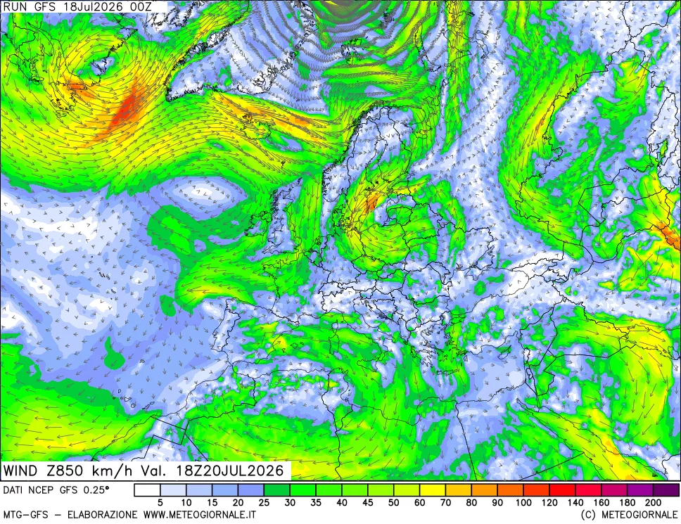 mappa 850 hPa Vento forza e direzione