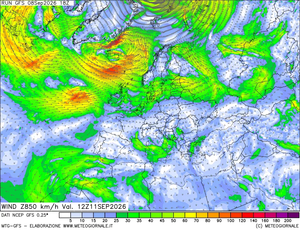 mappa 850 hPa Vento forza e direzione
