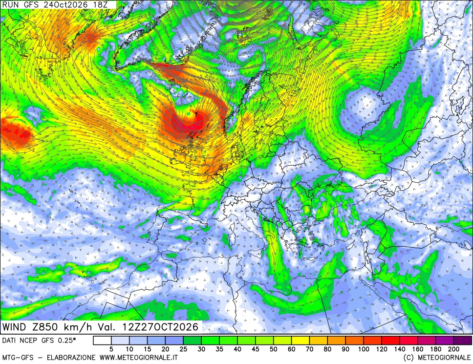 mappa 850 hPa Vento forza e direzione