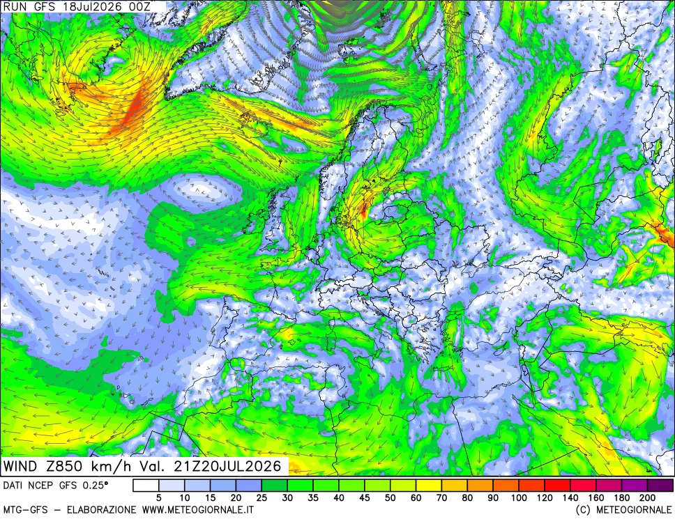 mappa 850 hPa Vento forza e direzione