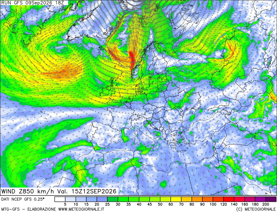 mappa 850 hPa Vento forza e direzione