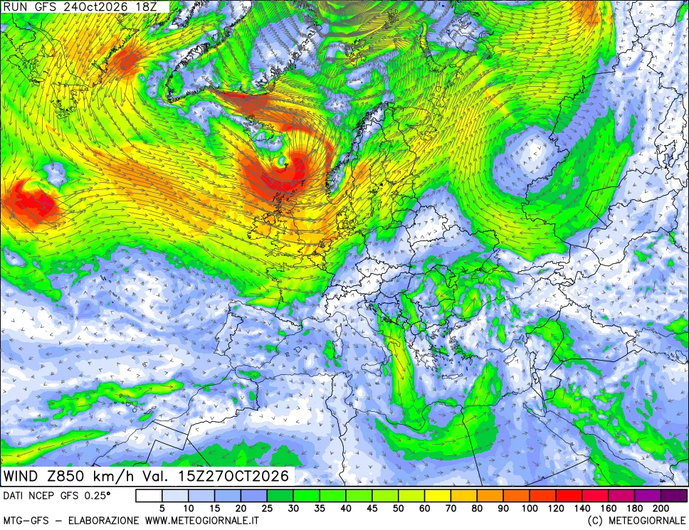 mappa 850 hPa Vento forza e direzione