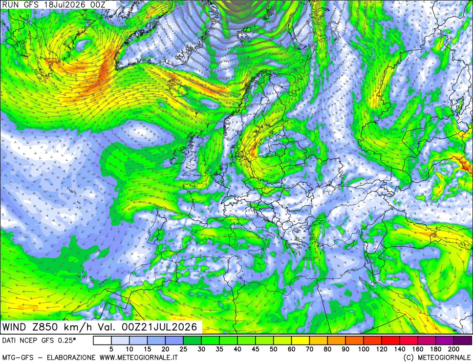 mappa 850 hPa Vento forza e direzione