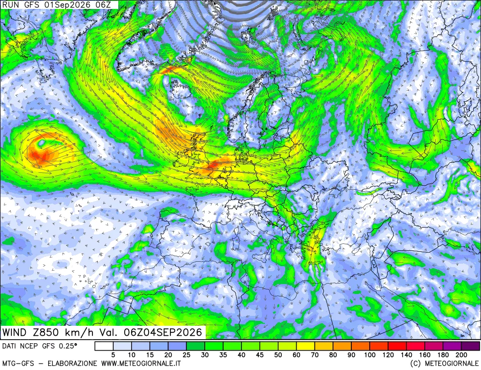 mappa 850 hPa Vento forza e direzione