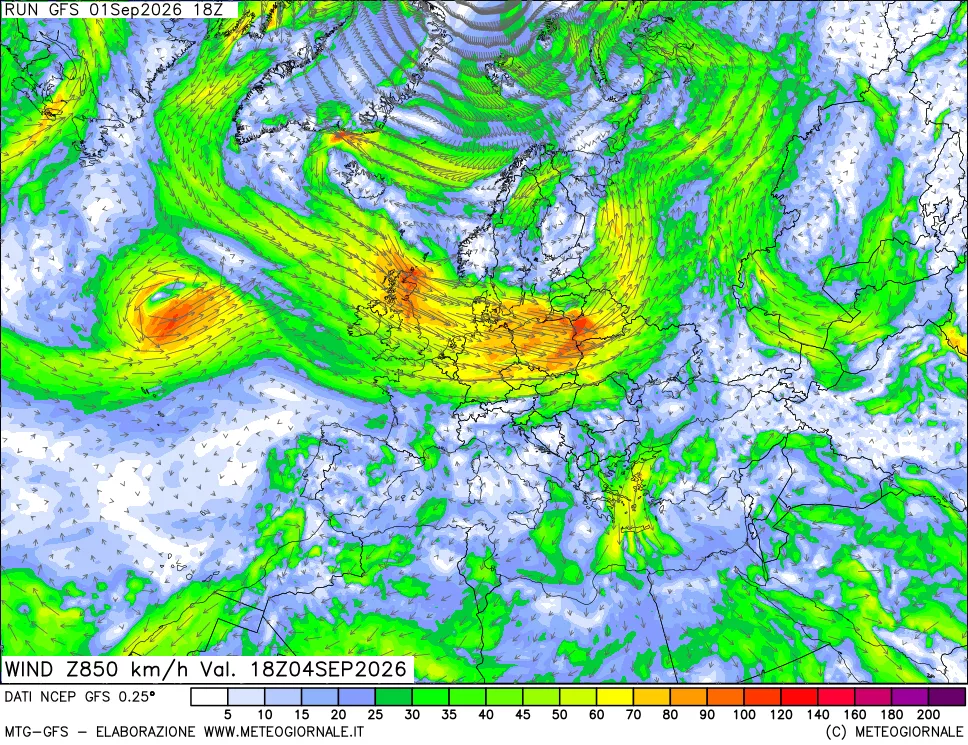 mappa 850 hPa Vento forza e direzione