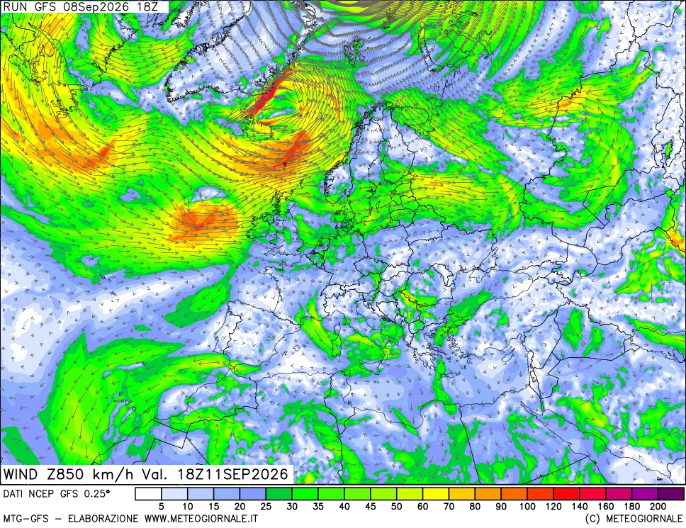 mappa 850 hPa Vento forza e direzione