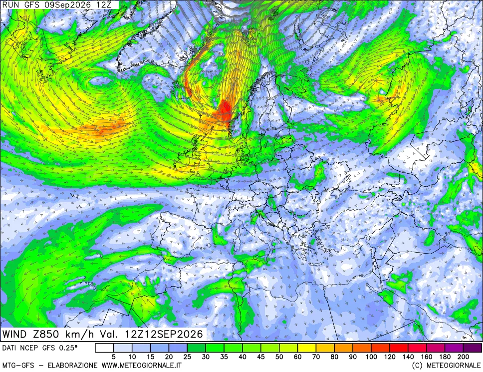 mappa 850 hPa Vento forza e direzione