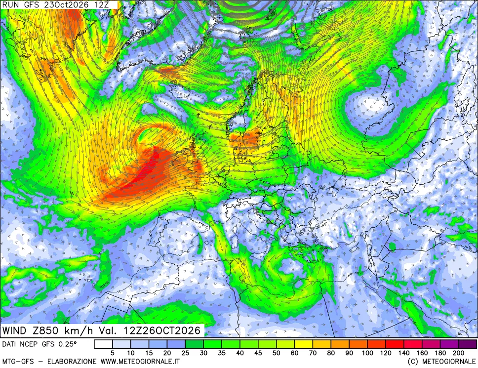 mappa 850 hPa Vento forza e direzione