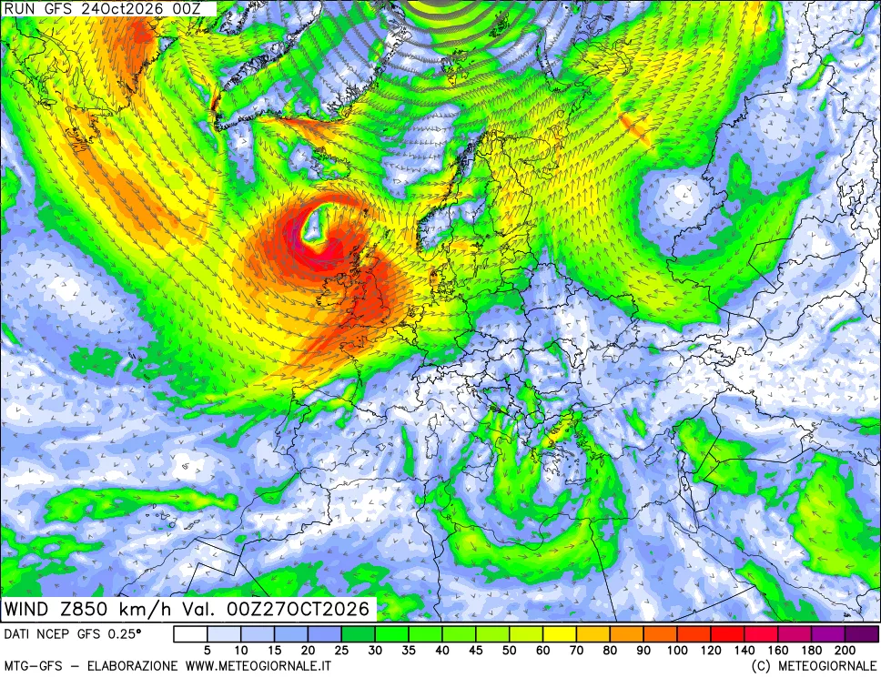mappa 850 hPa Vento forza e direzione