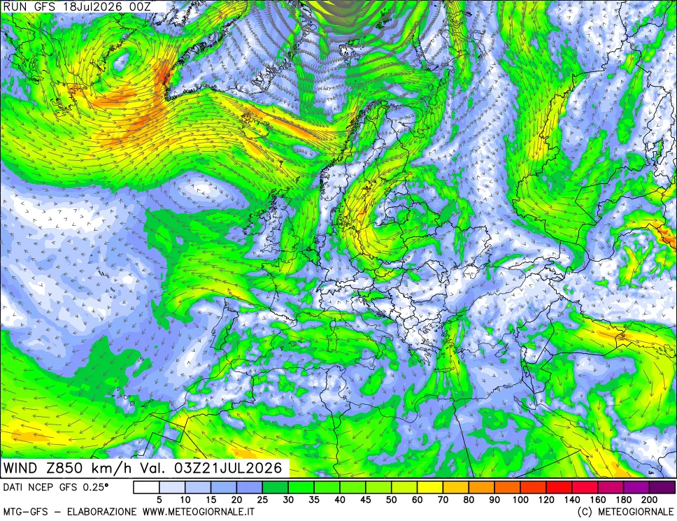 mappa 850 hPa Vento forza e direzione
